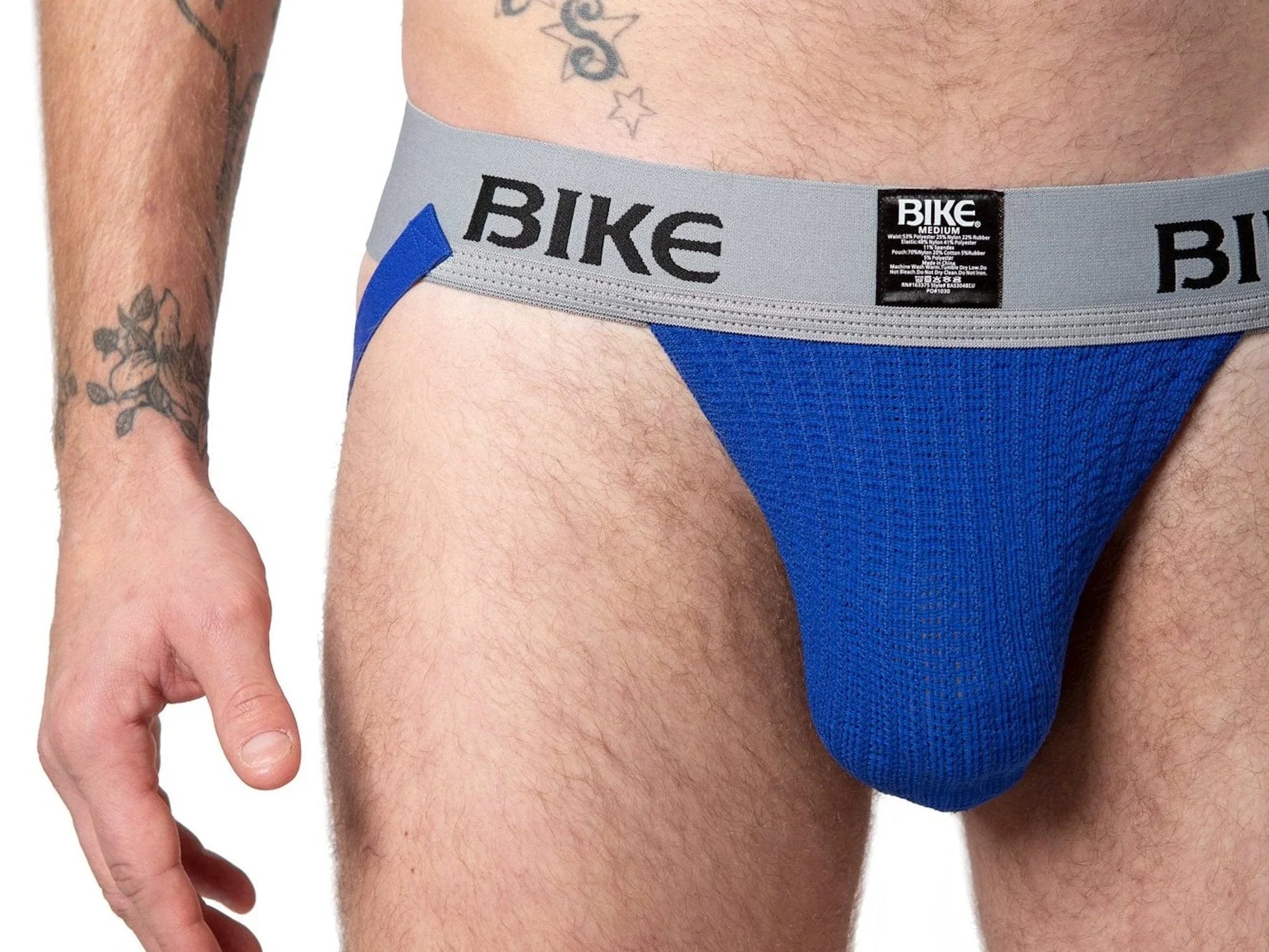 Blue bike classic jockstrap briefs with gray waistband black lettering and small label shown from the back side
