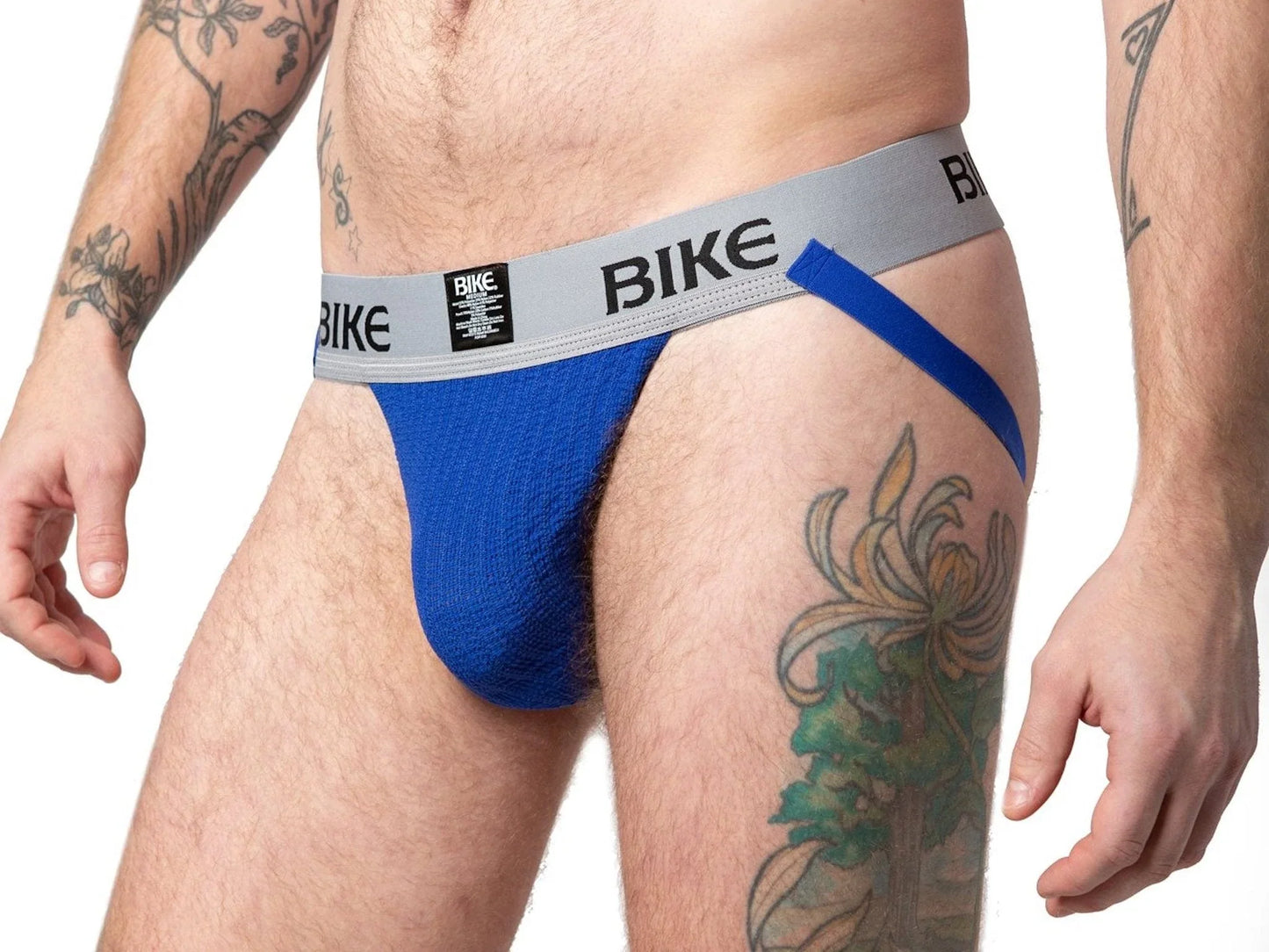 Blue bike classic jockstrap with gray waistband and black lettering designed for athletic support and comfort