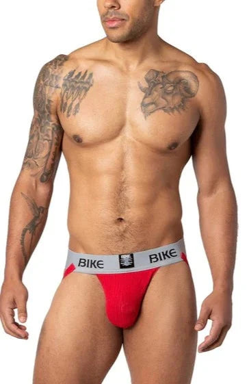 Red bike classic jockstrap briefs with gray waistband featuring bike logo and emblem on the front side
