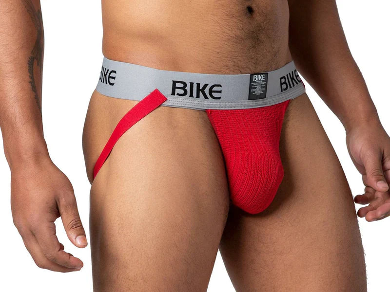 Red textured bike brief with gray waistband and black bike branding from the BIKE classic jockstrap collection
