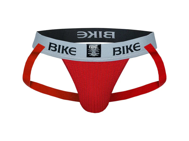 Red bike brand athletic briefs with gray and black waistband featuring bike logo in bold lettering classic jockstrap design
