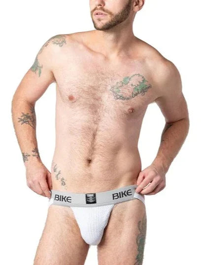 White textured bike briefs with gray bike branded waistband from the bike classic jockstrap collection