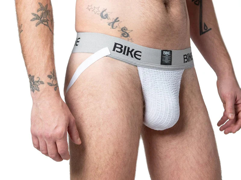 White mesh bike brief with gray waistband and bike branding in the back from BIKE classic jockstrap collection