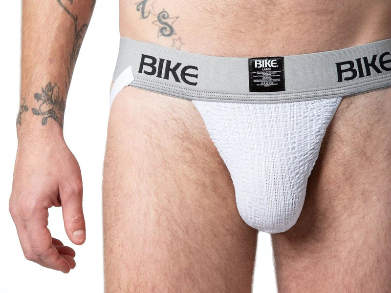 White textured athletic brief with gray waistband and black bike branding from the bike classic jockstrap collection