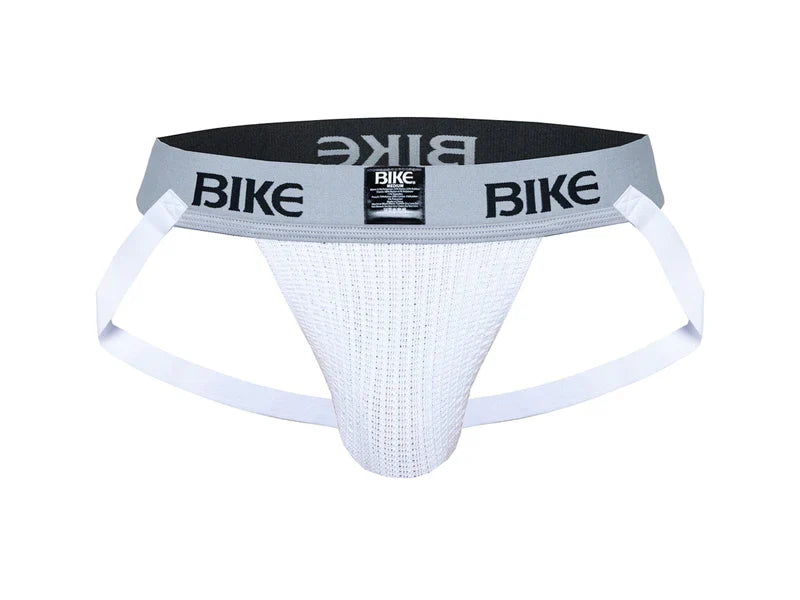 White textured bike classic jockstrap with gray waistband black branding and small label front view