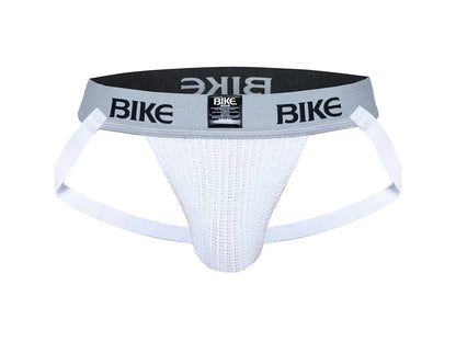 White textured bike classic jockstrap with gray waistband black branding and small label front view