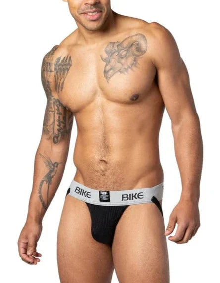 Black bike classic jockstrap briefs with gray waistband featuring bold bike letters and small logo accents