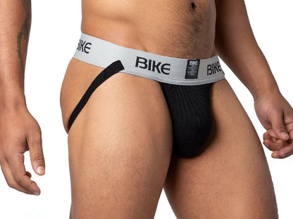 Black bike classic jockstrap briefs with gray waistband and bold black lettering designed for active use