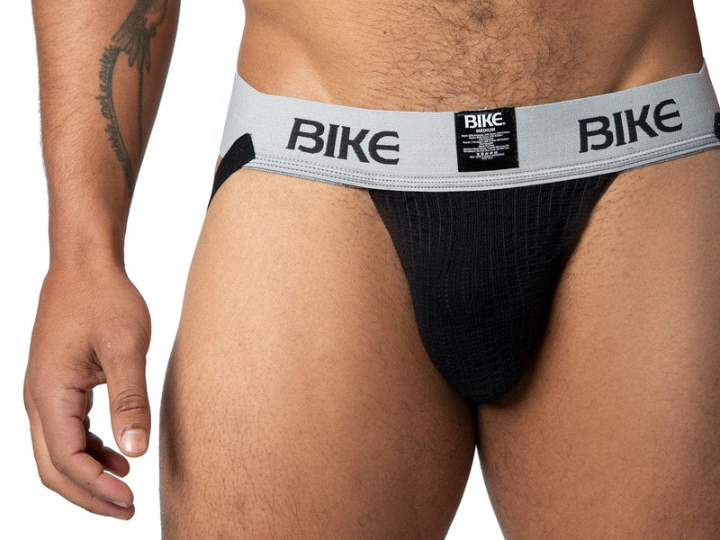 Black bike classic jockstrap briefs with gray waistband bold black lettering and small rectangular label visible