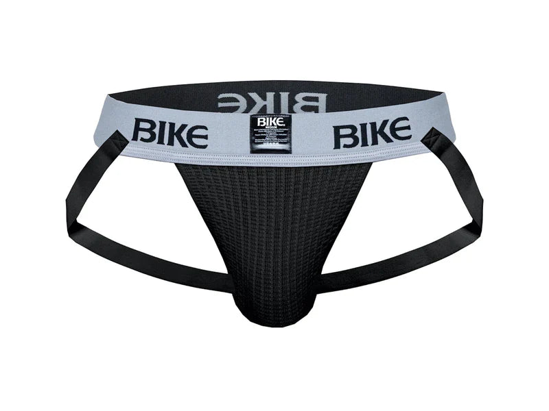 Black bike classic jockstrap athletic briefs with gray waistband bold bike logo and textured fabric