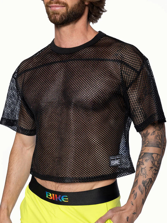 Black mesh crop top with subtle herringbone pattern and bike brand label on lower left side from BIKE® Practice Jersey
