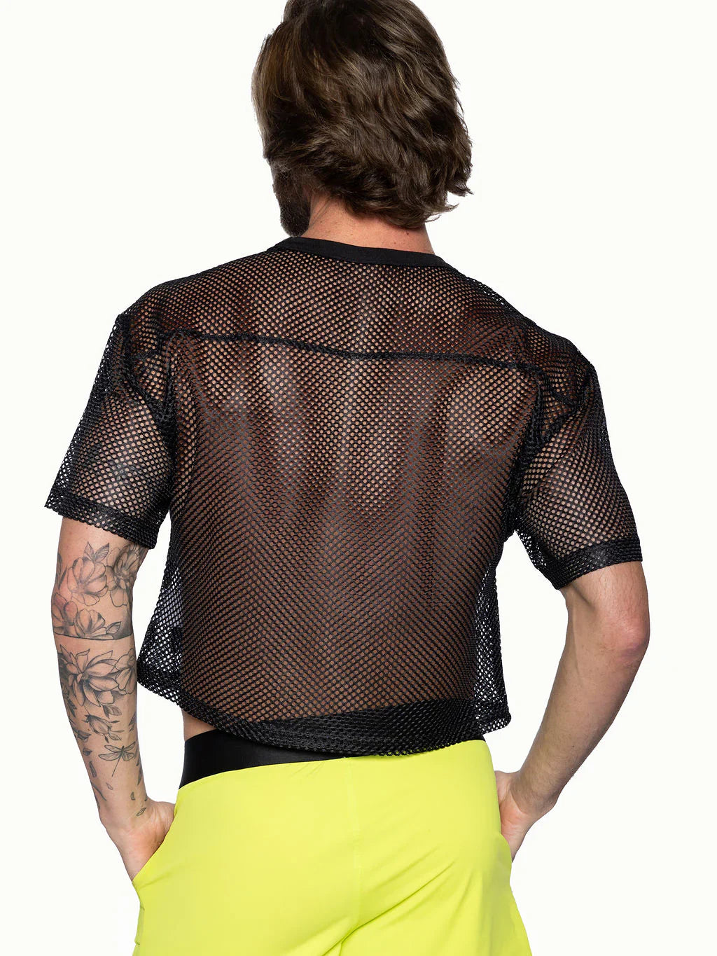 Black mesh bike practice jersey with short sleeves and fitted cropped silhouette for active wear