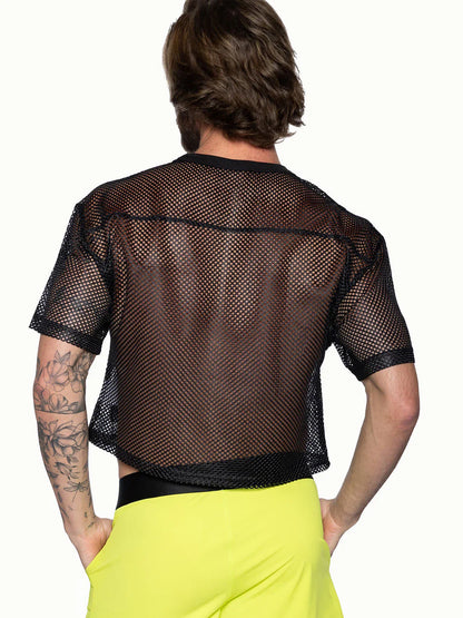 Black mesh bike practice jersey with short sleeves and fitted cropped silhouette for active wear
