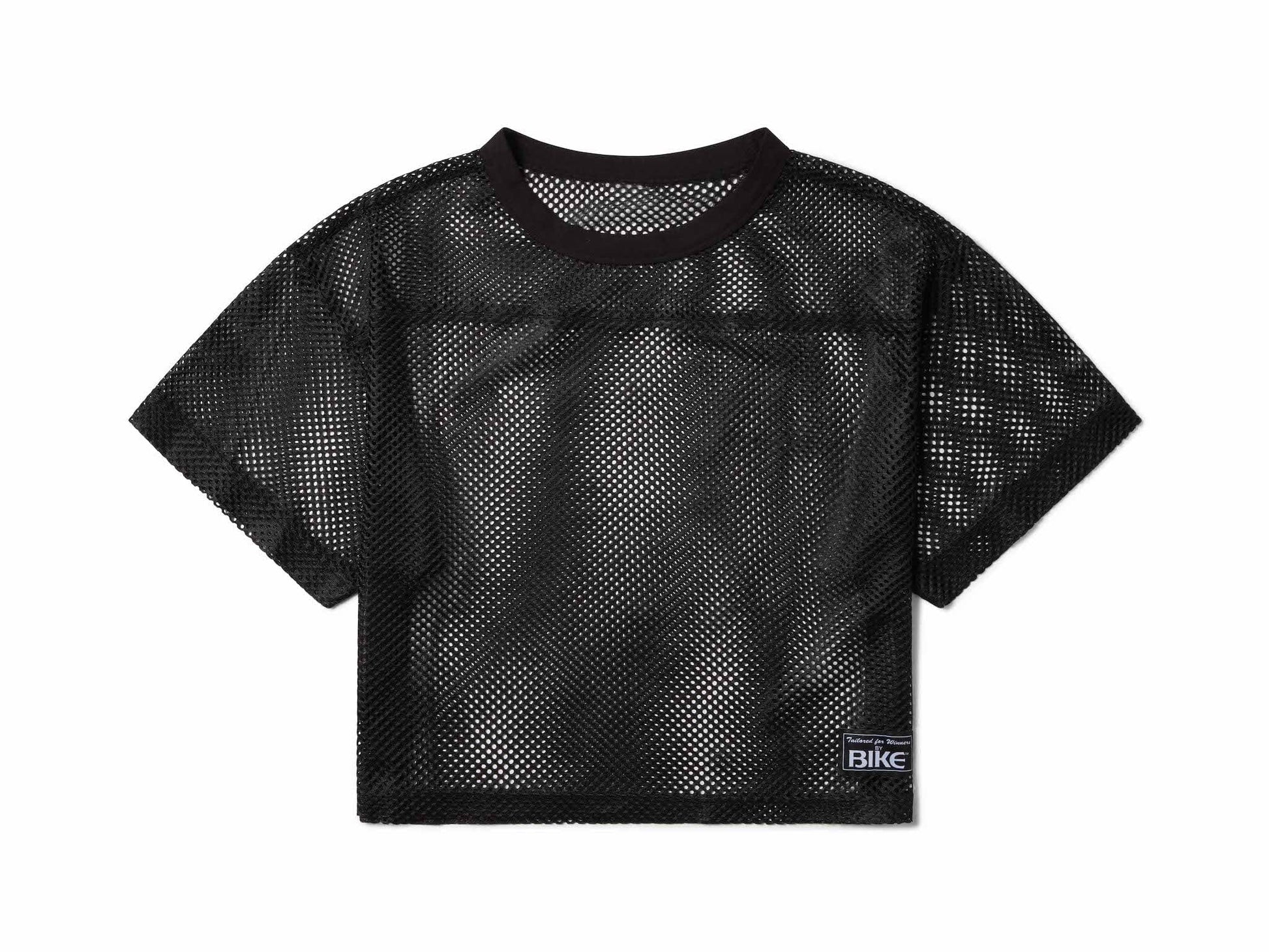 Black mesh crop top with round neckline short sleeves and small rectangular label on lower right side for bike practice jersey