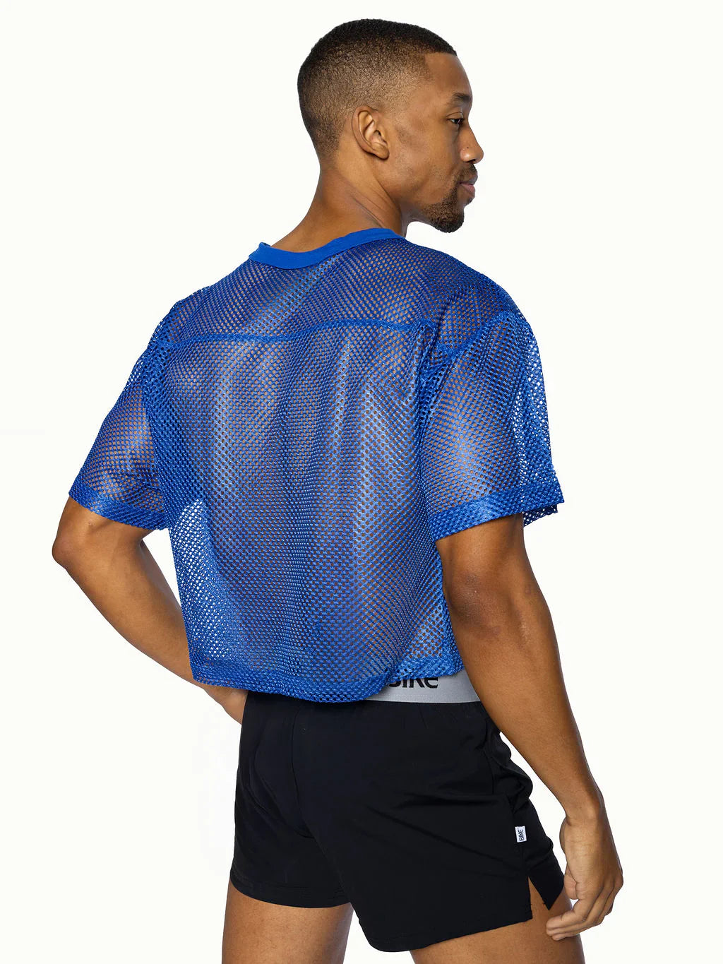 Bike practice jersey blue mesh short-sleeved crop top with solid blue collar and hem visible from the front