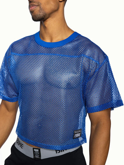 Bike practice jersey blue mesh crop top with solid blue ribbed neckline and sleeve cuffs for athletic wear