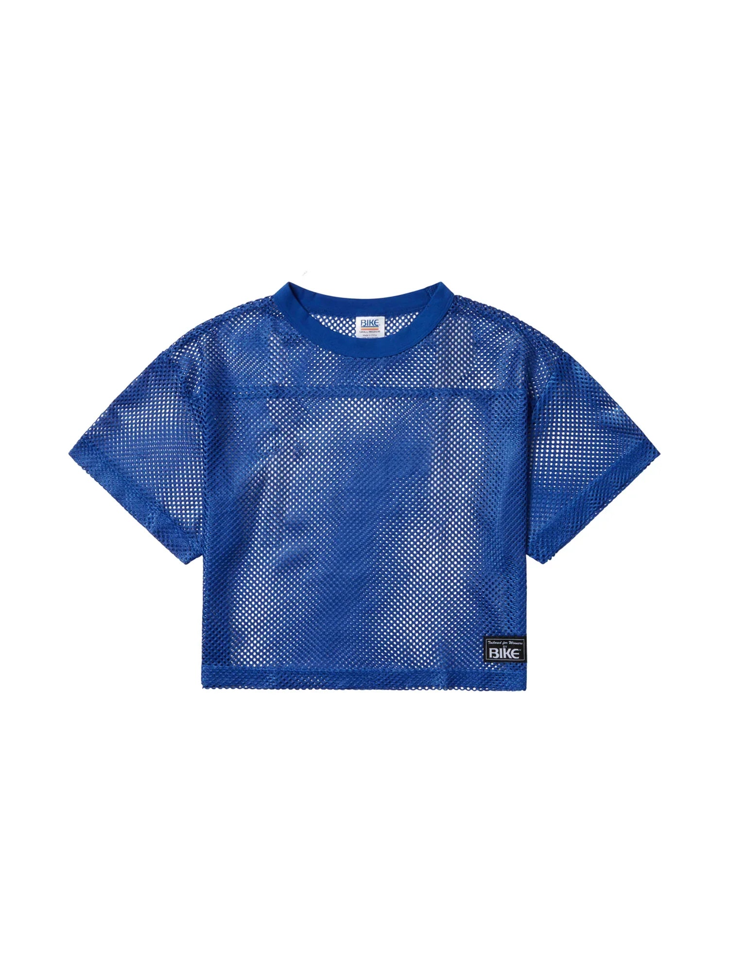 Blue mesh crop top with short sleeves and crew neck featuring black brand labels from BIKE practice jersey collection
