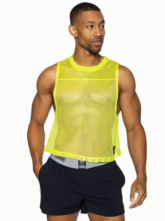 Bright neon yellow bike sleeveless practice jersey mesh tank top with round neckline and subtle perforations
