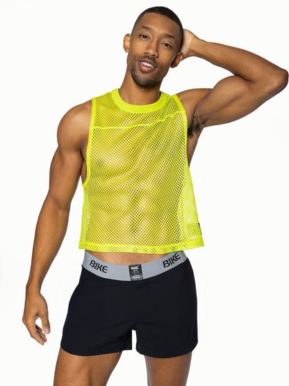 Bright neon yellow mesh sleeveless practice jersey by BIKE designed for breathability and cycling performance