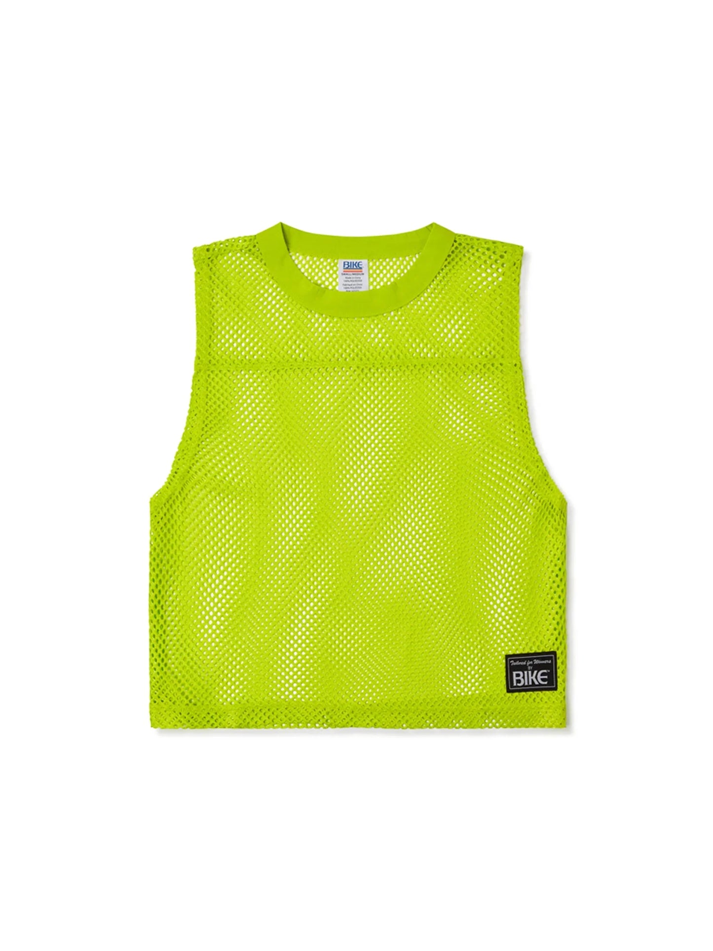 Bright neon green mesh sleeveless practice jersey with black bike patch on lower right side by BIKE