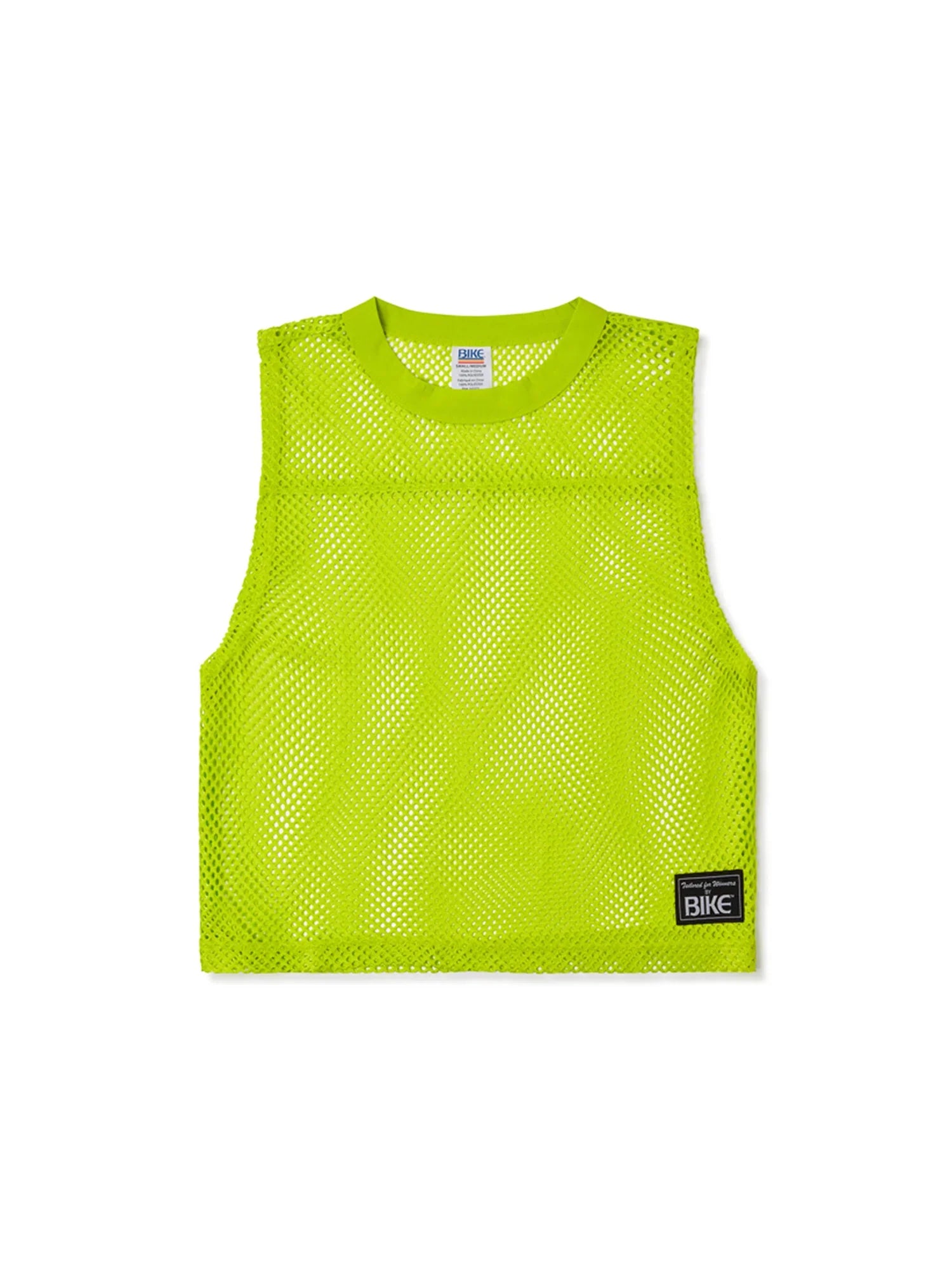 Bright neon green mesh sleeveless practice jersey with black bike patch on lower right side by BIKE