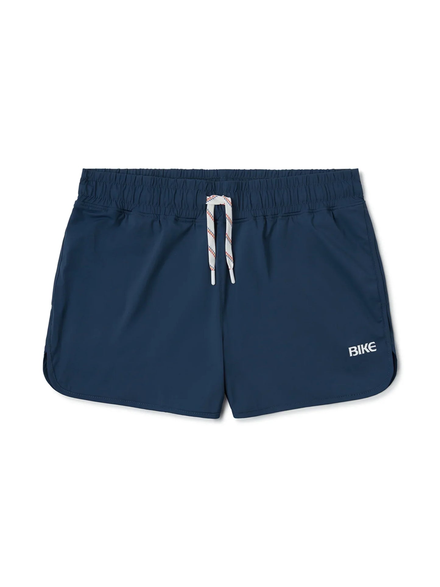 Navy blue BIKE track short with white drawstring and bike logo on side designed for athletic use