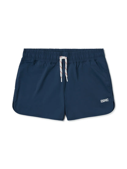 Navy blue BIKE track short with white drawstring and bike logo on side designed for athletic use