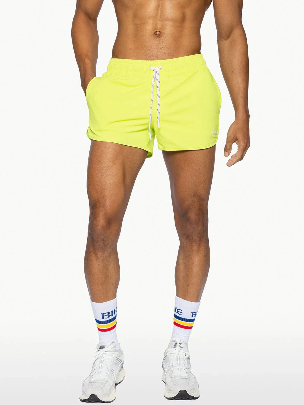 Bike® track short bright neon yellow athletic shorts with white drawstring and elastic waistband for running
