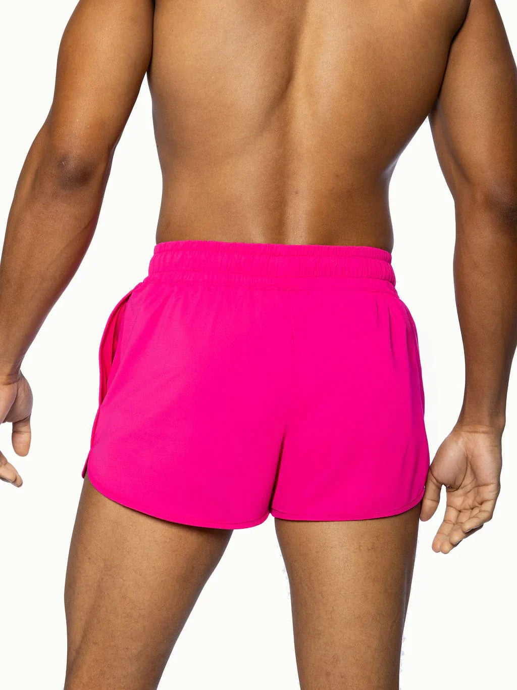 Bright pink bike track short with snug elastic waistband and side pockets for comfortable athletic wear