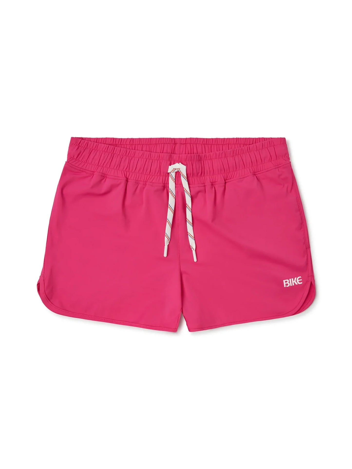 Bright pink BIKE® track short with white drawstring and subtle bike branding designed for athletic wear