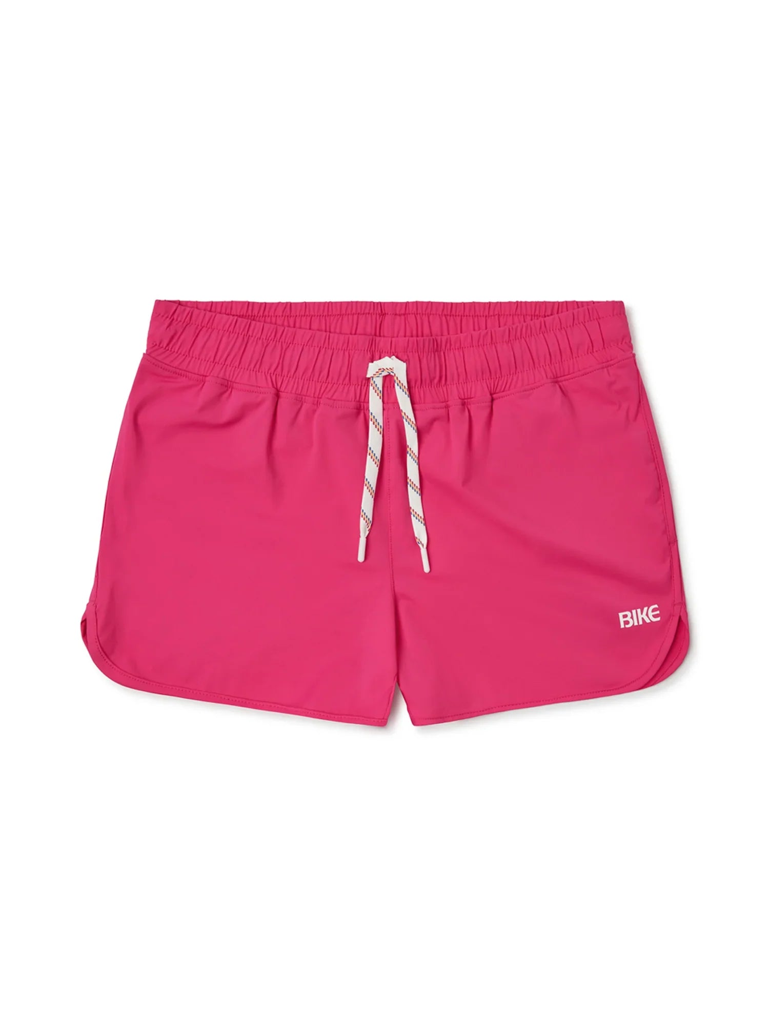 Bright pink BIKE® track short with white drawstring and subtle bike branding designed for athletic wear
