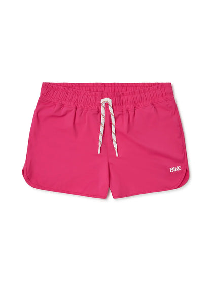 Bright pink BIKE® track short with white drawstring and subtle bike branding designed for athletic wear