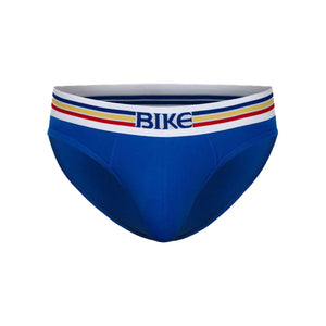 Royal blue BIKE athletic briefs with a white waistband featuring blue, yellow, and red stripes.