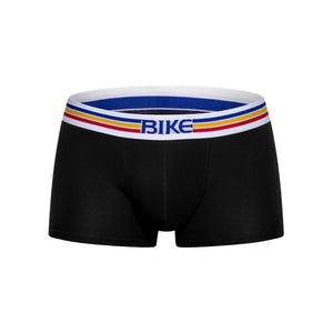 Black BIKE athletic trunk underwear with a white, blue, yellow, and red striped waistband.
