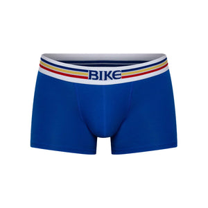 Royal blue BIKE athletic cotton trunk underwear with a white, red, yellow, and blue striped waistband.