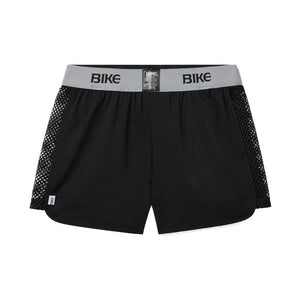 Black BIKE athletic gym shorts with a wide grey branded waistband and black mesh side panels.