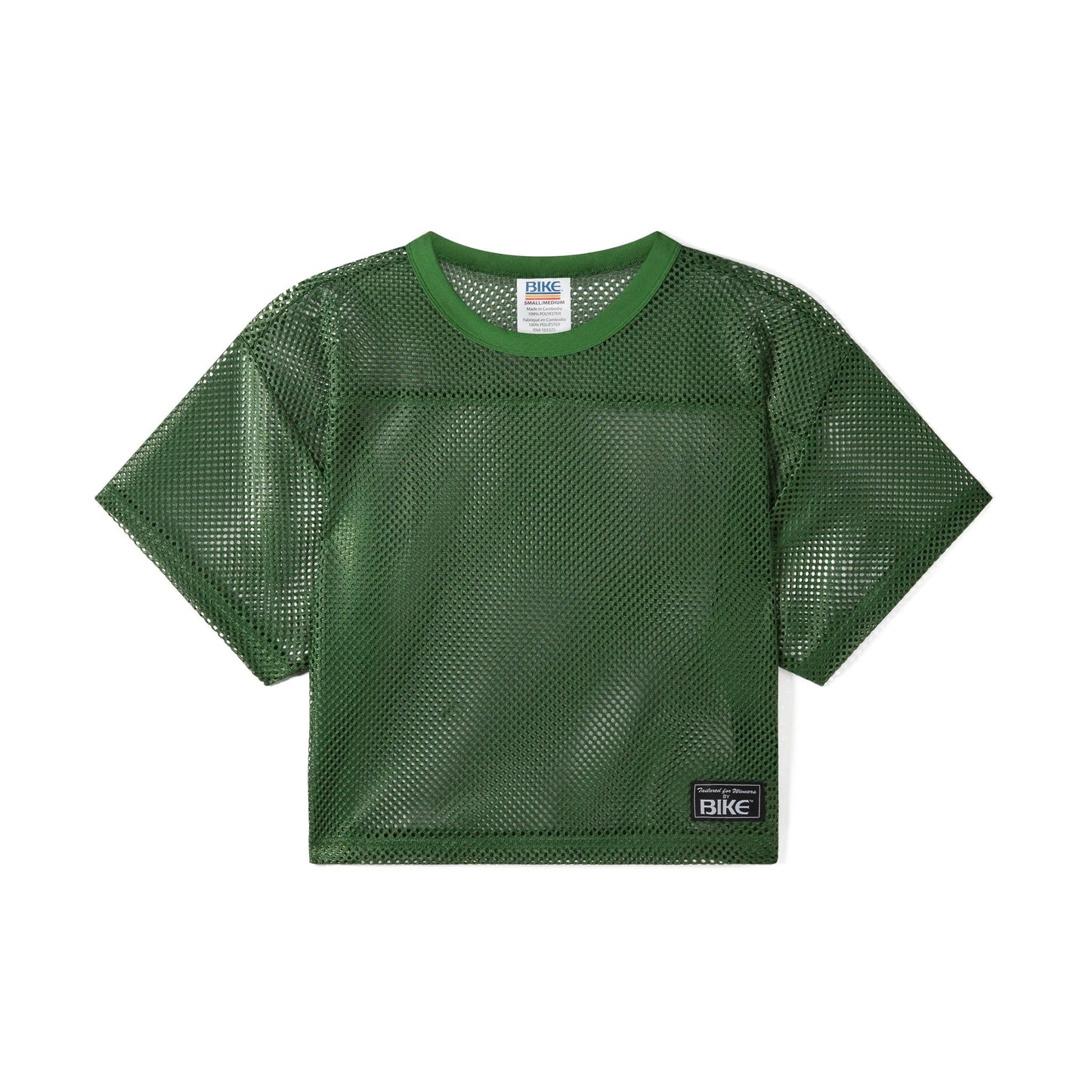 Flat lay of a green mesh short-sleeve crop practice jersey by BIKE Athletic.