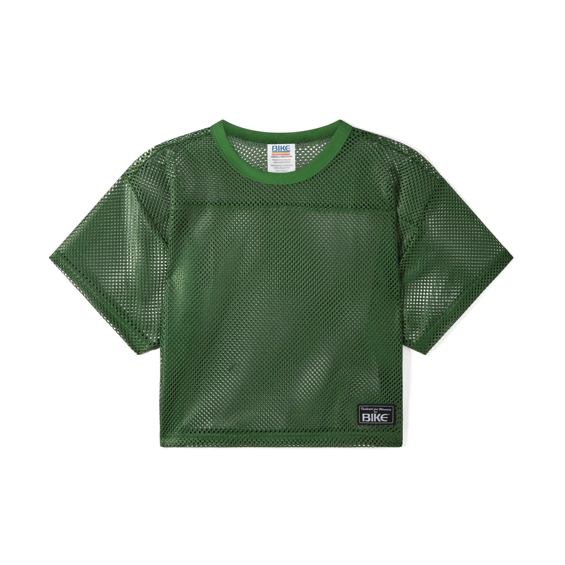 Flat lay of a green mesh short-sleeve crop practice jersey by BIKE Athletic.
