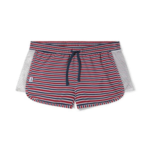 Red, white, and blue striped swim shorts with a drawstring waistband and white mesh side panels.