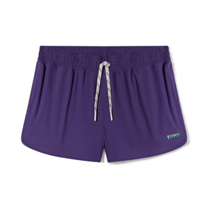 Purple athletic track shorts with an elastic waistband, white drawstring, and rainbow "BIKE" logo on the leg.