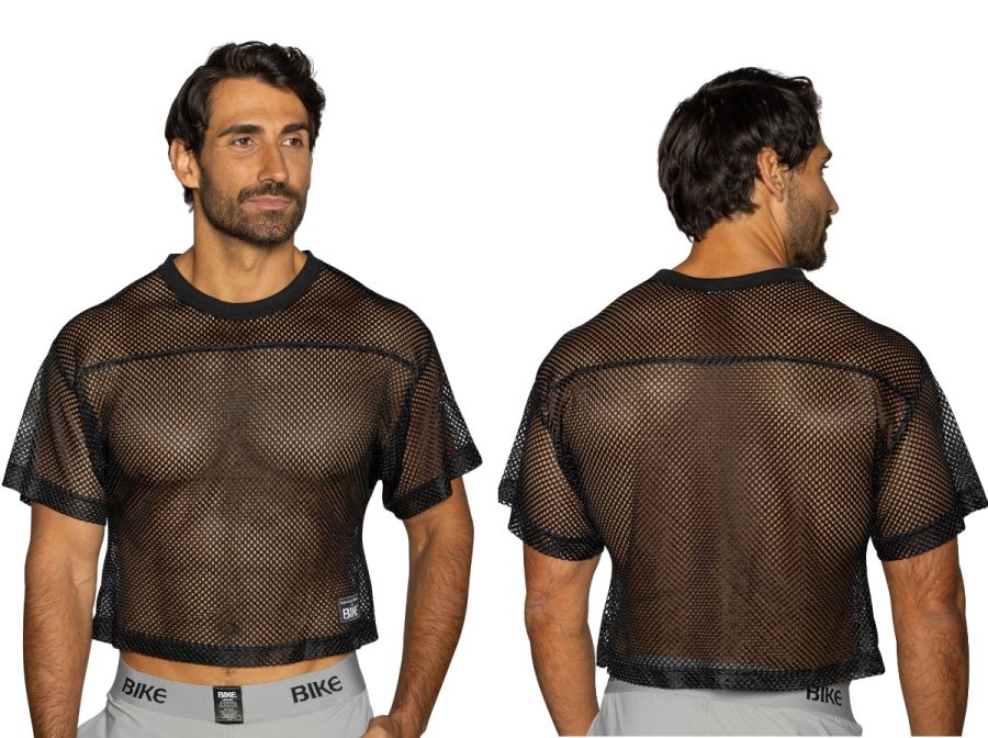 Black mesh crop top with solid black ribbed neckline and hem short sleeves bike athletic bam134 practice jersey