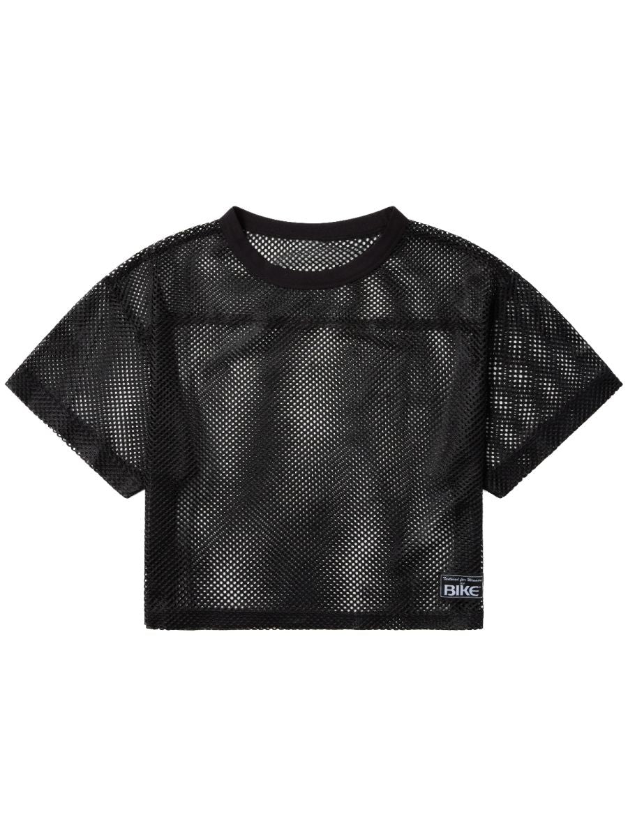Black mesh crop top with solid black ribbed neckline and short sleeves from BIKE Athletic BAM134 practice jersey in bold black