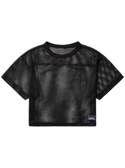 Black mesh crop top with solid black ribbed neckline and short sleeves from BIKE Athletic BAM134 practice jersey in bold black