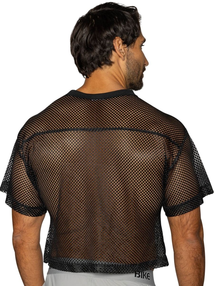 Black mesh crop top with short sleeves and ribbed neckline from BIKE Athletic BAM134 short sleeve practice jersey in bold black