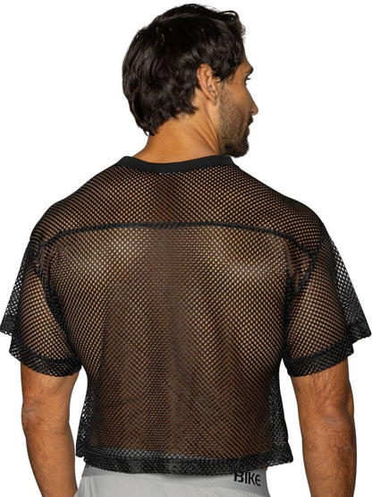 Black mesh crop top with short sleeves and ribbed neckline from BIKE Athletic BAM134 short sleeve practice jersey in bold black
