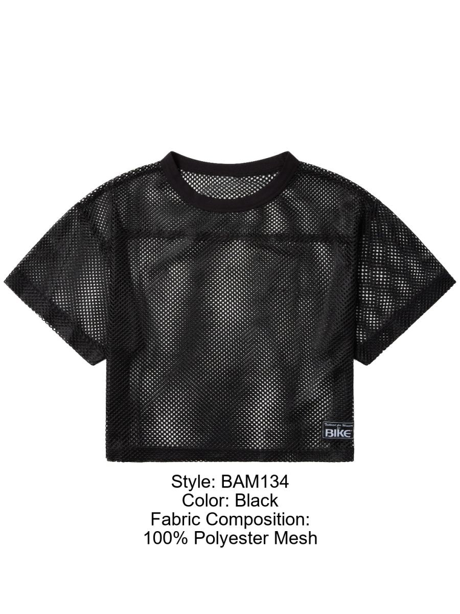 Black cropped mesh top with round neckline short sleeves made of 100 percent polyester for athletic practice