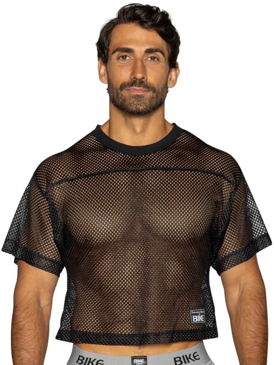 Black mesh crop top bike athletic BAM134 practice jersey with ribbed neckline hem and logo on lower right side