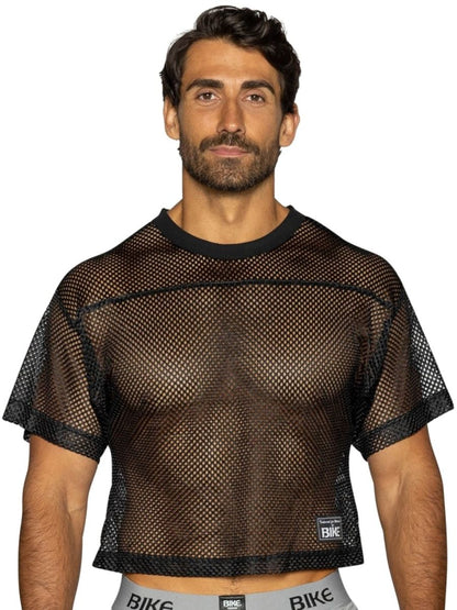 Black mesh crop top bike athletic BAM134 practice jersey with ribbed neckline hem and logo on lower right side