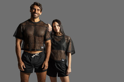 Black mesh crop top with short sleeves and round neckline bike athletic bam134 practice jersey in bold black