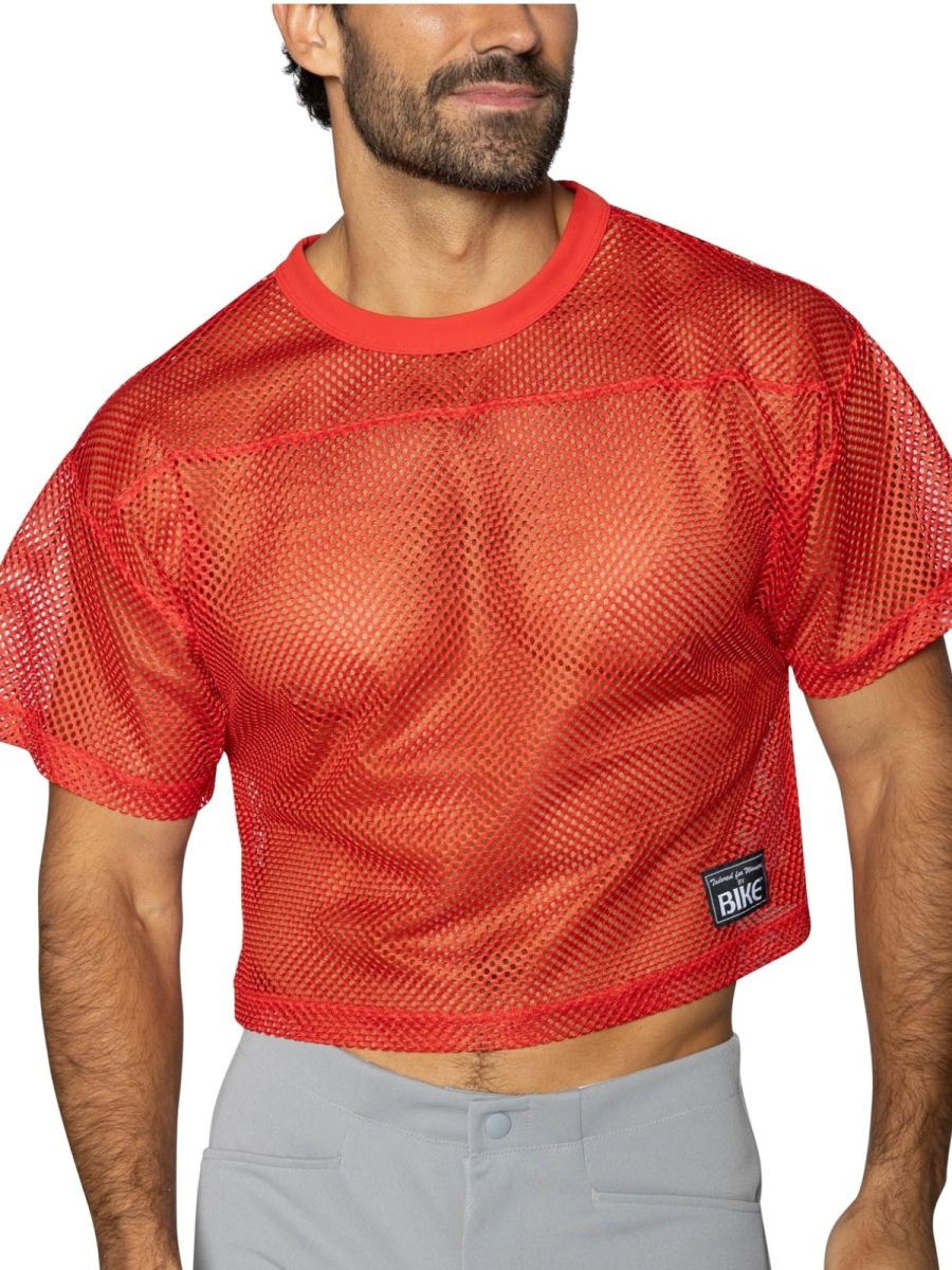 Red mesh crop top with solid ribbed neckline and hem featuring black bike brand patch in bright red color